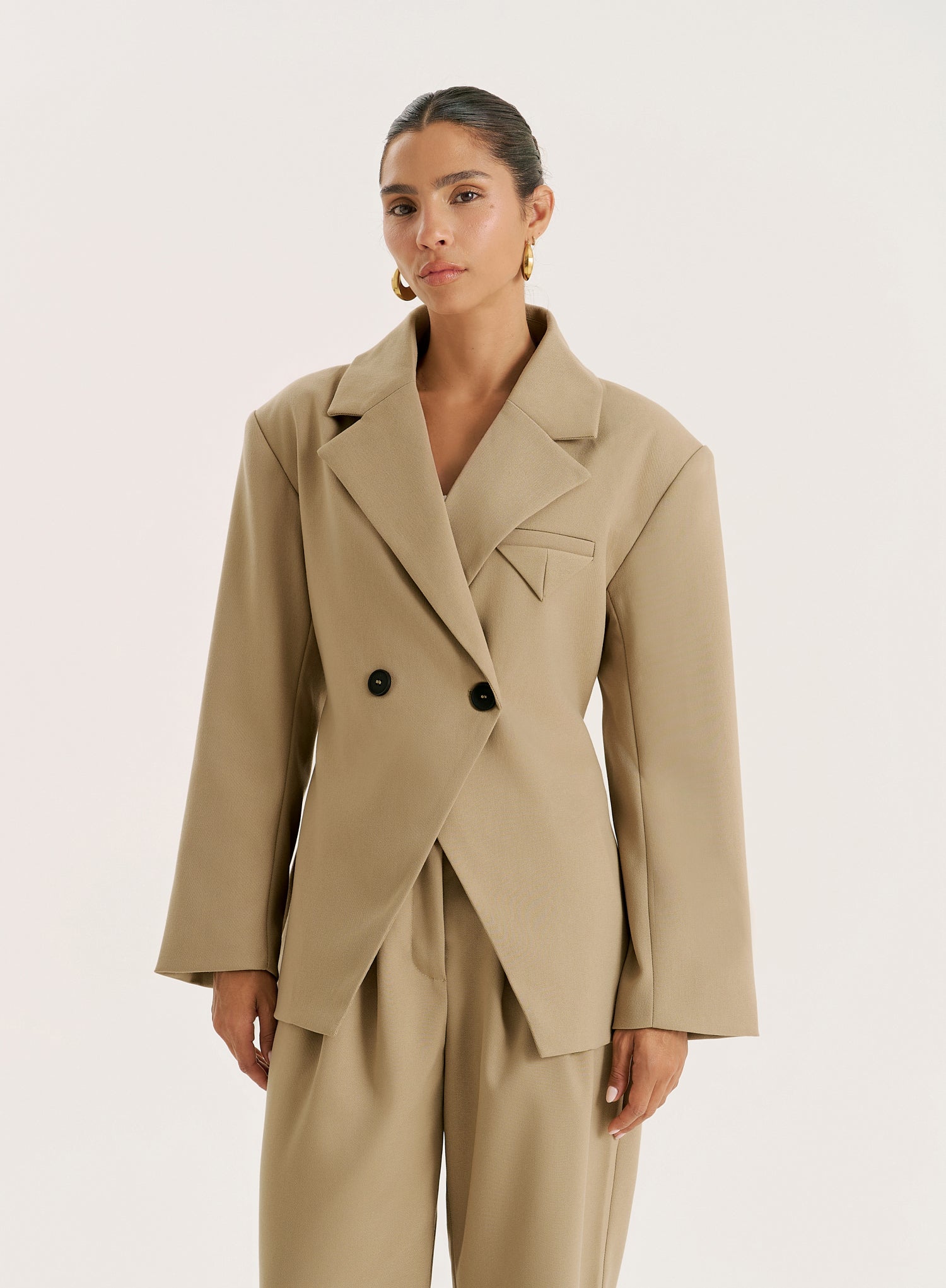 Camel Cinched Waist Tailored Blazer